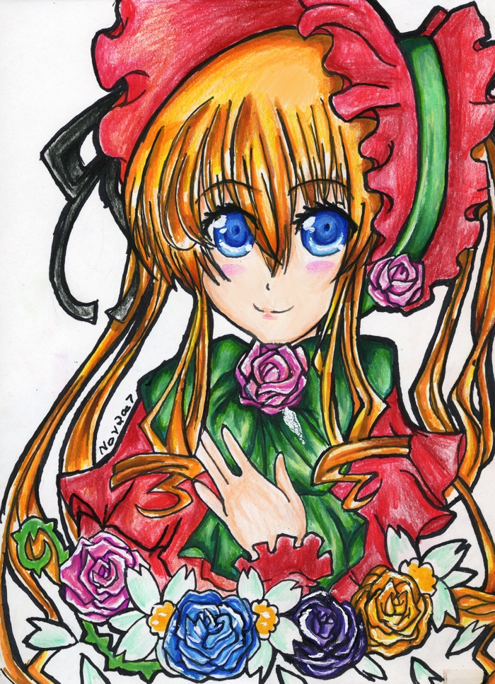 1girl 86800 blonde_hair blue_eyes blue_flower blue_rose drill_hair flower image long_hair looking_at_viewer marker_(medium) millipen_(medium) orange_flower pink_flower pink_rose purple_flower purple_rose red_flower red_rose rose shikishi shinku smile solo thorns traditional_media white_rose yellow_flower yellow_rose