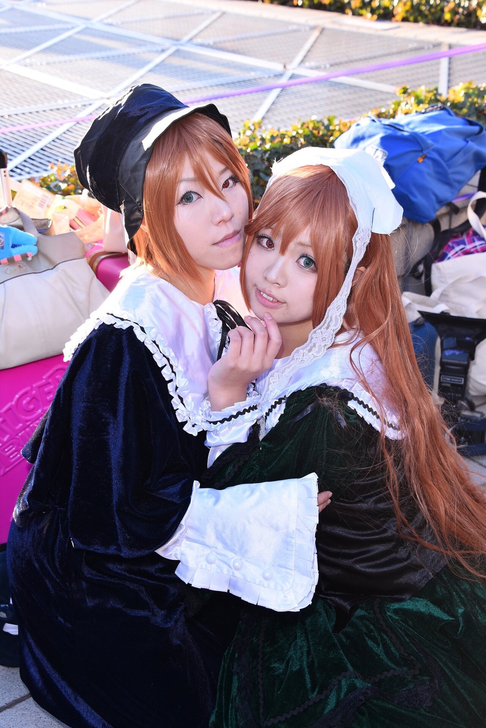 2girls blue_eyes brown_hair dress hat lips lipstick long_hair looking_at_viewer makeup multiple_cosplay multiple_girls sisters smile tagme