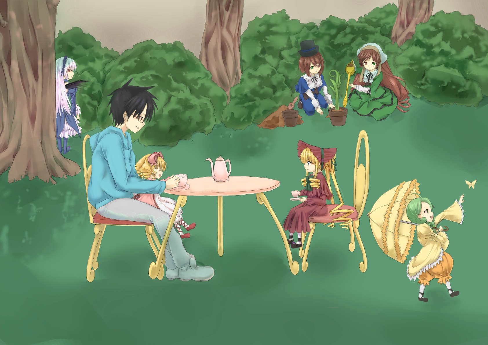 black_hair blonde_hair boots bow brown_hair closed_eyes dress green_dress green_hair hat image long_hair multiple multiple_boys multiple_girls short_hair sitting smile tagme tree umbrella water