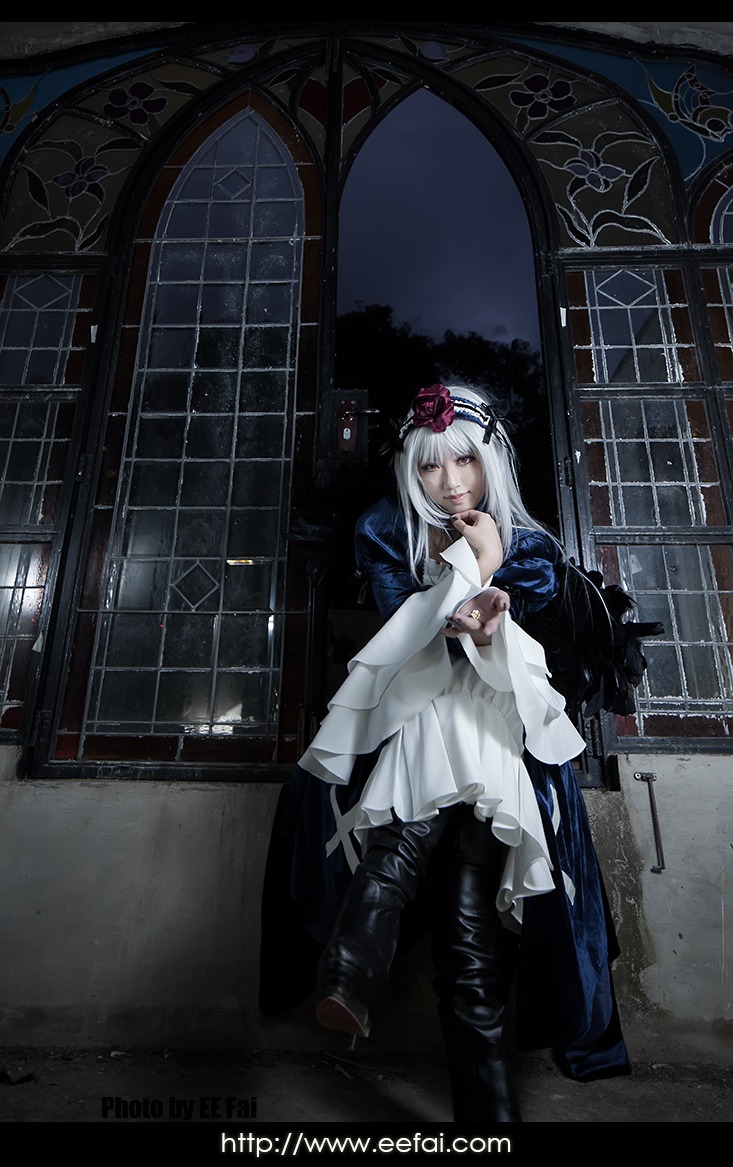 1girl boots dress flower hair_ornament hat indoors long_hair solo suigintou window