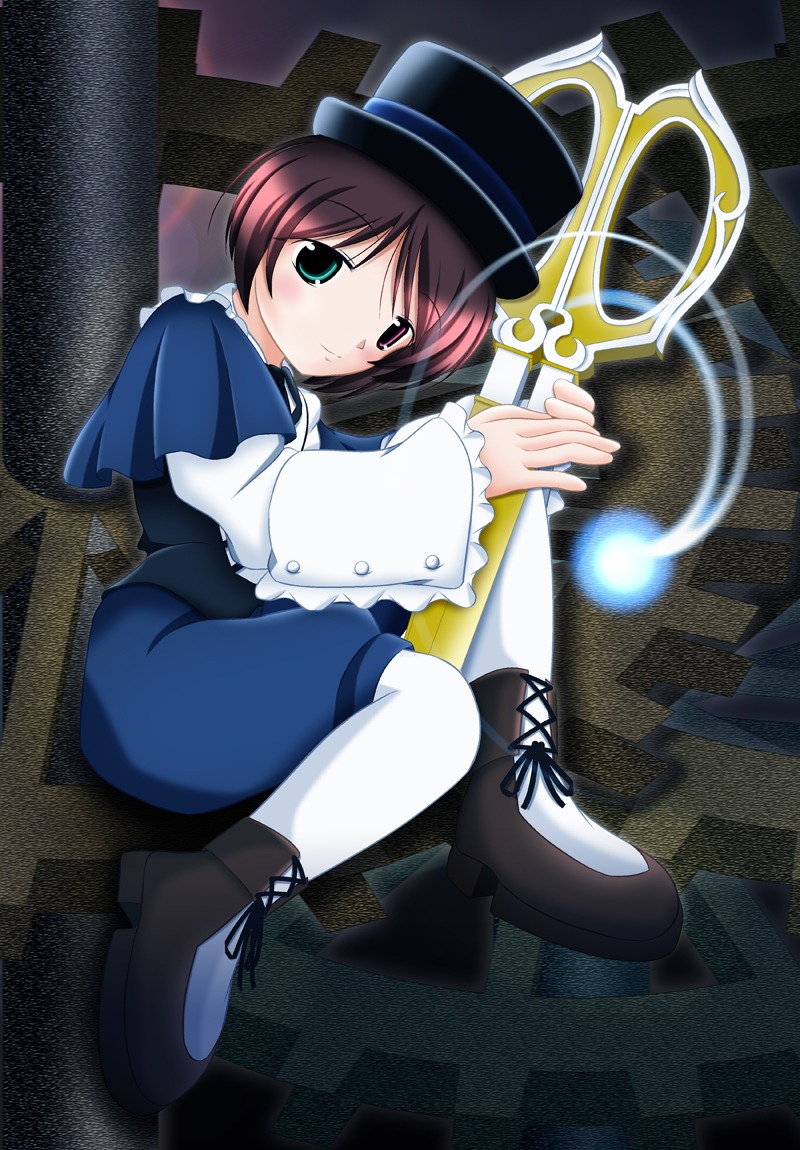 1girl boots full_body green_eyes hat heterochromia image long_sleeves looking_at_viewer pantyhose red_eyes short_hair sitting solo souseiseki top_hat