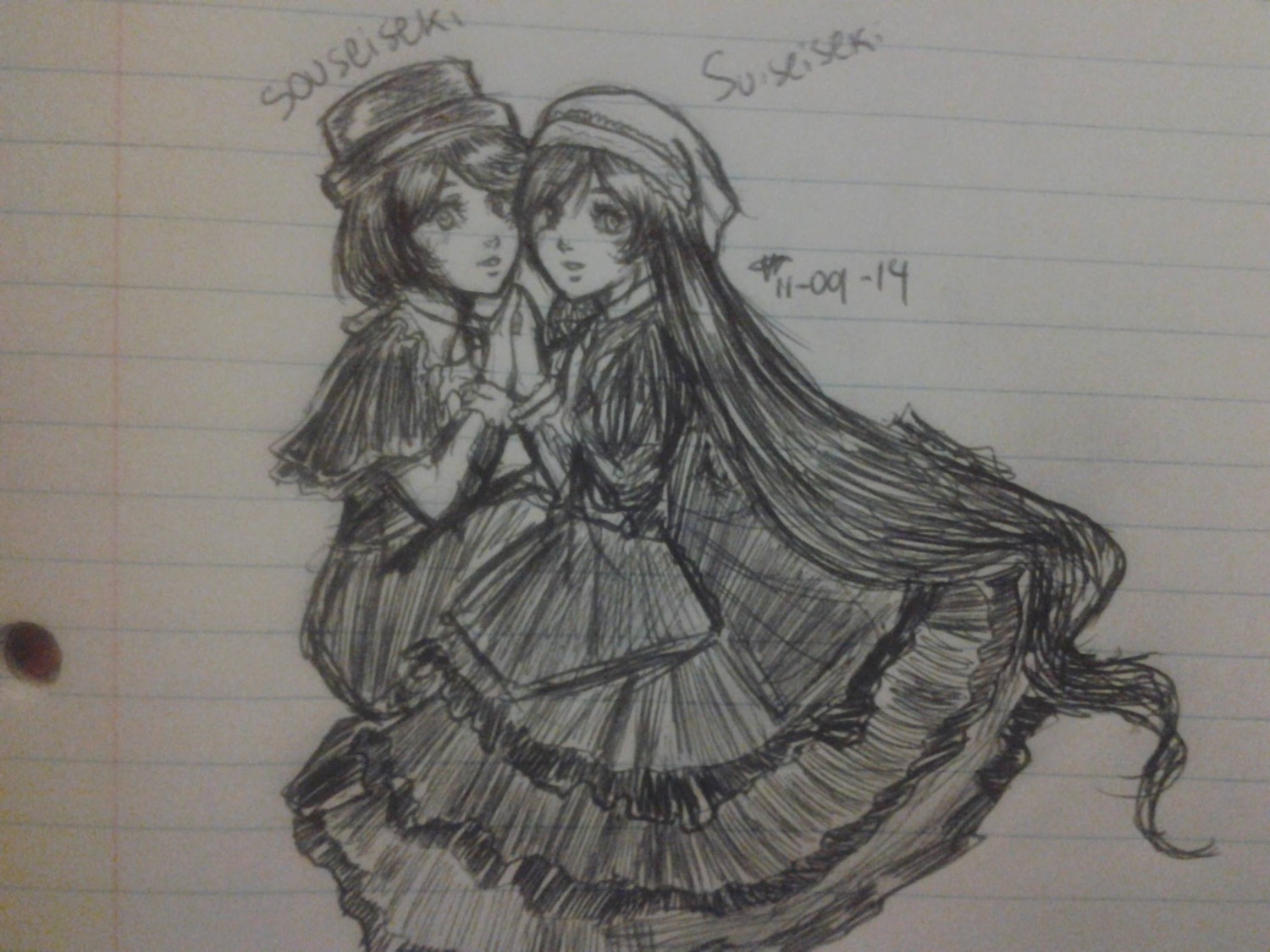 2girls dress graphite_(medium) hat holding_hands image long_hair looking_at_viewer monochrome multiple_girls pair short_hair souseiseki suiseiseki traditional_media very_long_hair
