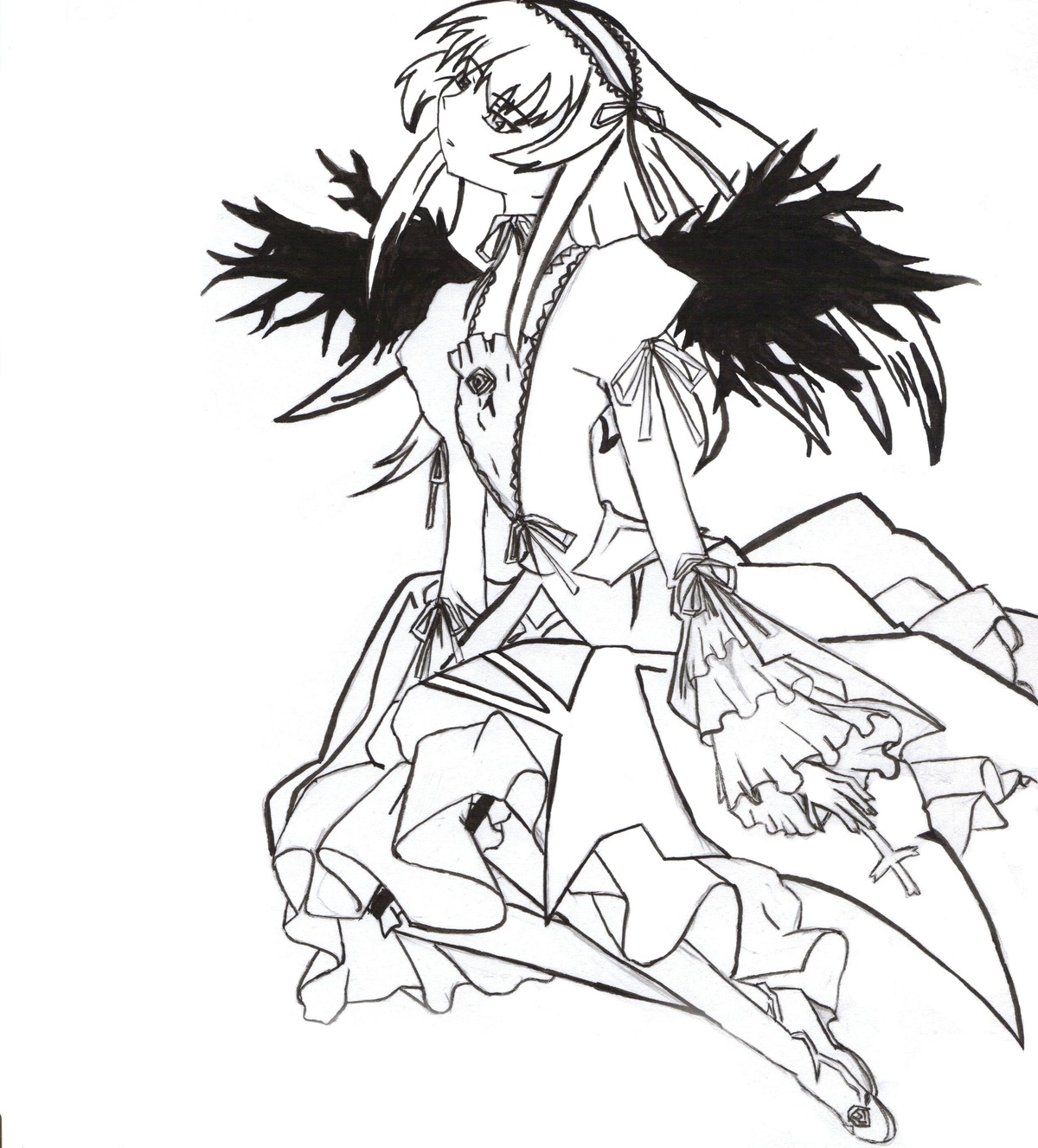 1girl cross dress frills full_body greyscale hairband image long_hair long_sleeves monochrome ribbon simple_background solo standing suigintou wings