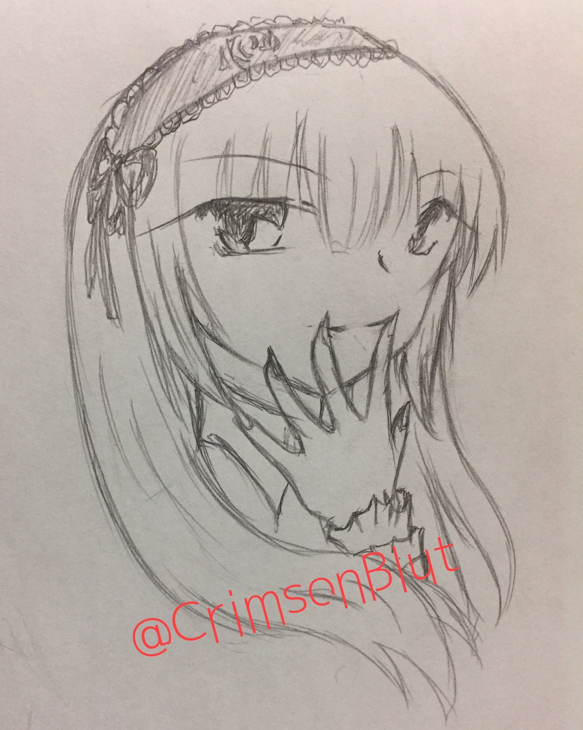 1girl akemi_homura face greyscale hairband image looking_at_viewer monochrome simple_background sketch smile solo suigintou traditional_media