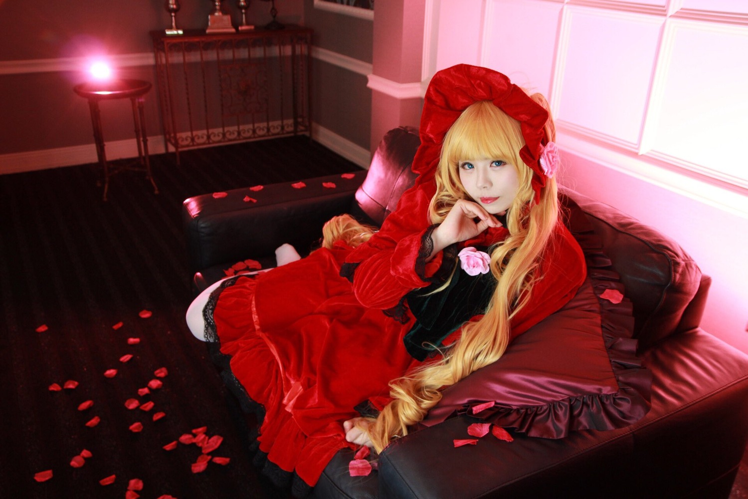 1girl blonde_hair blue_eyes bonnet curtains dress flower long_hair petals red_dress rose shinku sitting solo