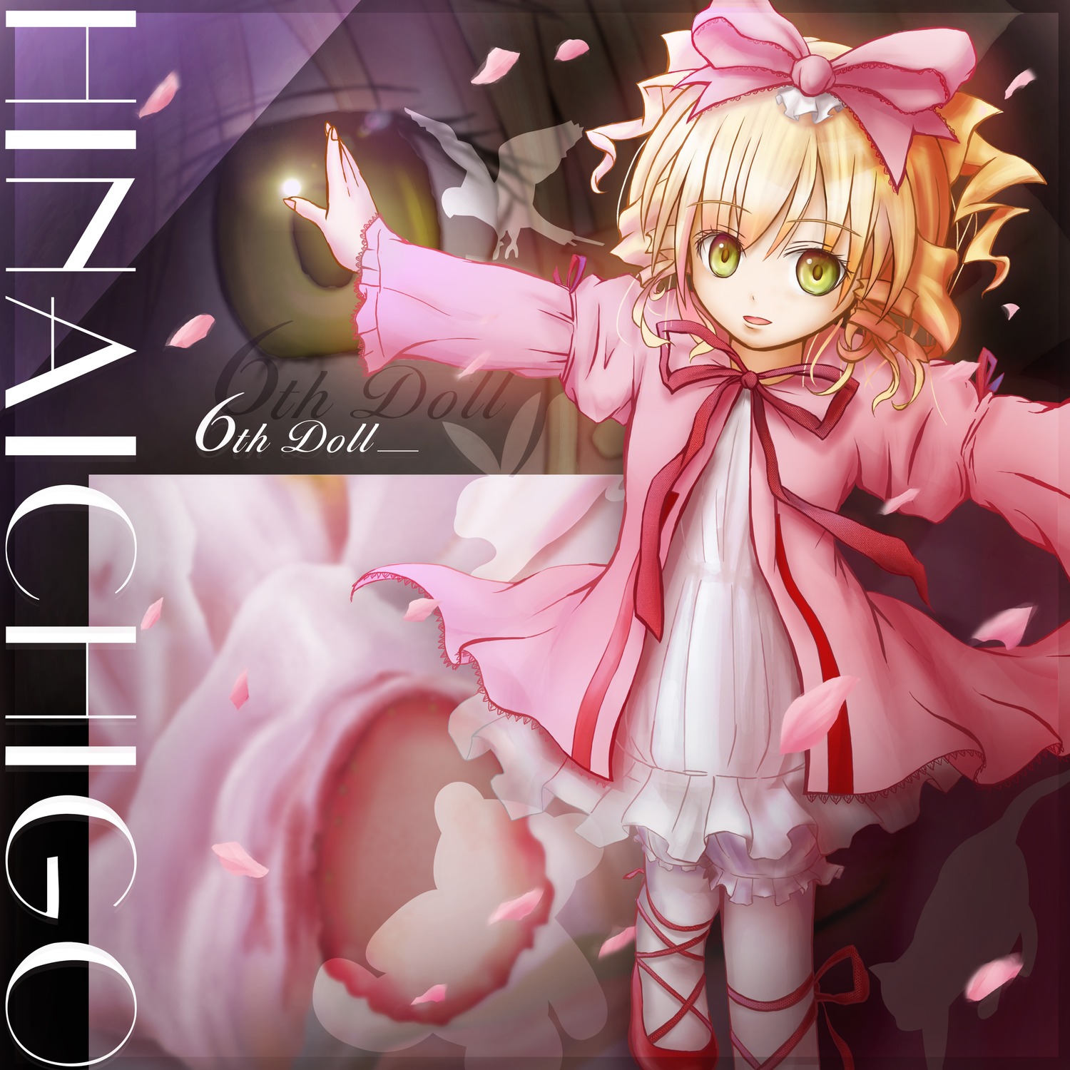 1girl album_cover blonde_hair bow cherry_blossoms copyright_name dress frills green_eyes hina_ichigo hinaichigo image long_sleeves outstretched_arms petals pink_bow pink_dress ribbon rose_petals short_hair smile solo underwear wings