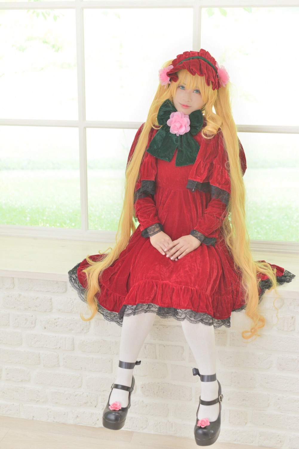 1girl blonde_hair blue_eyes bow dress flower lolita_fashion long_hair looking_at_viewer pantyhose red_dress rose shinku shoes sitting solo twintails very_long_hair white_legwear