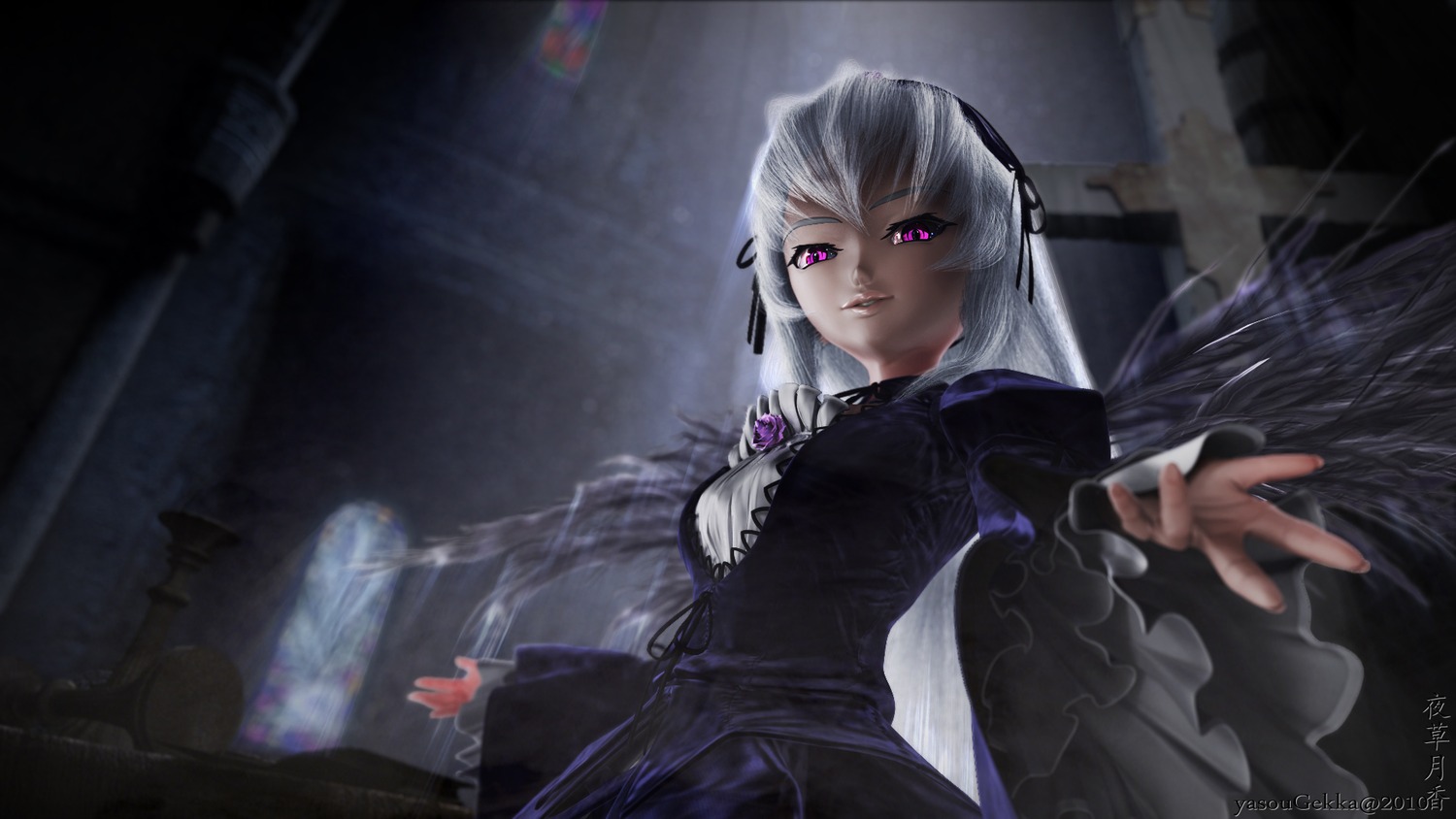 1girl black_dress candle dress frilled_sleeves gothic_lolita hairband image long_hair long_sleeves looking_at_viewer outstretched_arm pink_eyes purple_eyes ribbon silver_hair solo suigintou