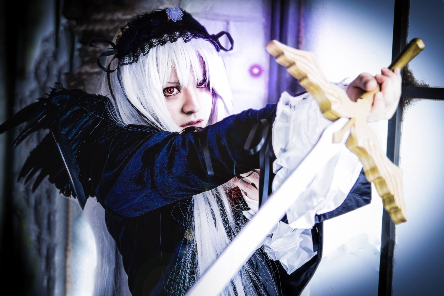 1girl black_wings blurry blurry_background closed_mouth depth_of_field dress feathers flower frills hairband holding holding_sword holding_weapon lace long_sleeves motion_blur red_eyes solo suigintou sword weapon white_hair wings