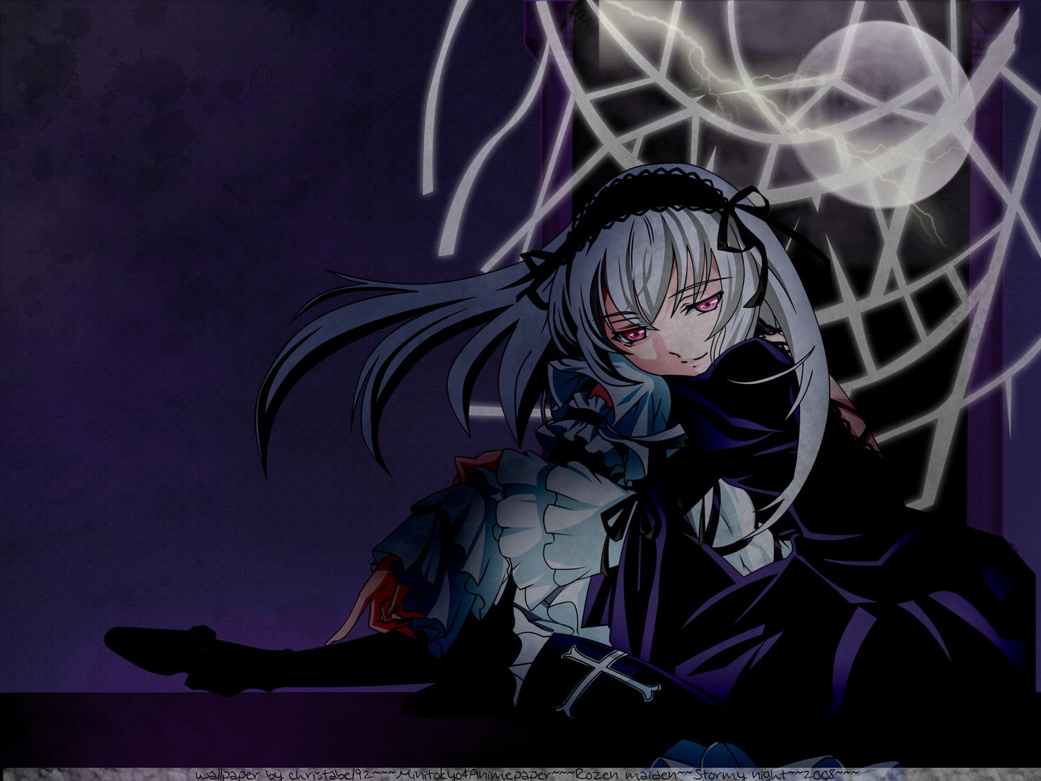1girl dress flower frilled_sleeves frills hairband image lolita_hairband long_hair long_sleeves looking_at_viewer moon pink_eyes rose silver_hair solo suigintou wings