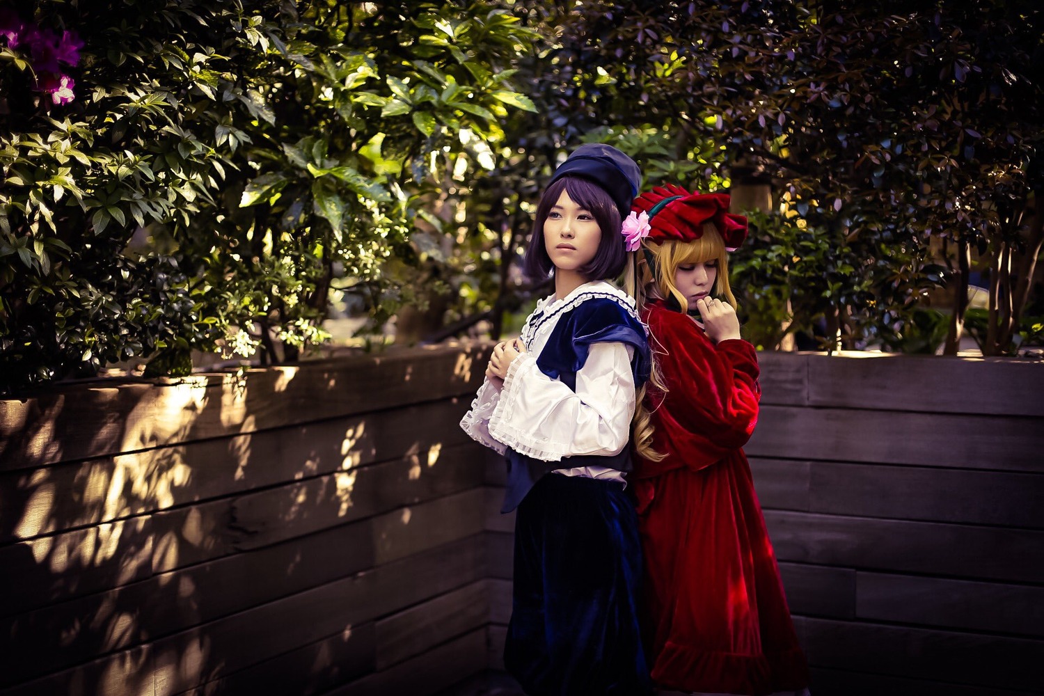 2girls aki_minoriko blonde_hair closed_eyes dress hair_ornament hat leaf long_sleeves multiple_cosplay multiple_girls outdoors short_hair skirt tagme