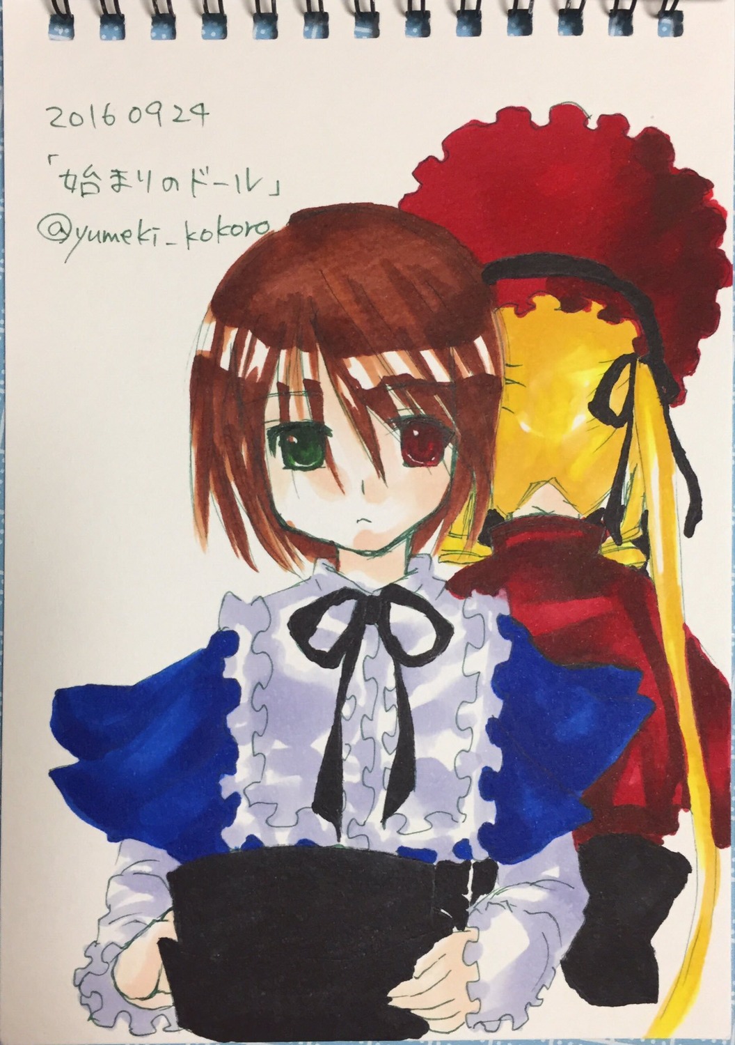1girl brown_hair dress expressionless frills green_eyes heterochromia image long_sleeves looking_at_viewer pair red_eyes shinku simple_background solo souseiseki upper_body yumeki_kokoro