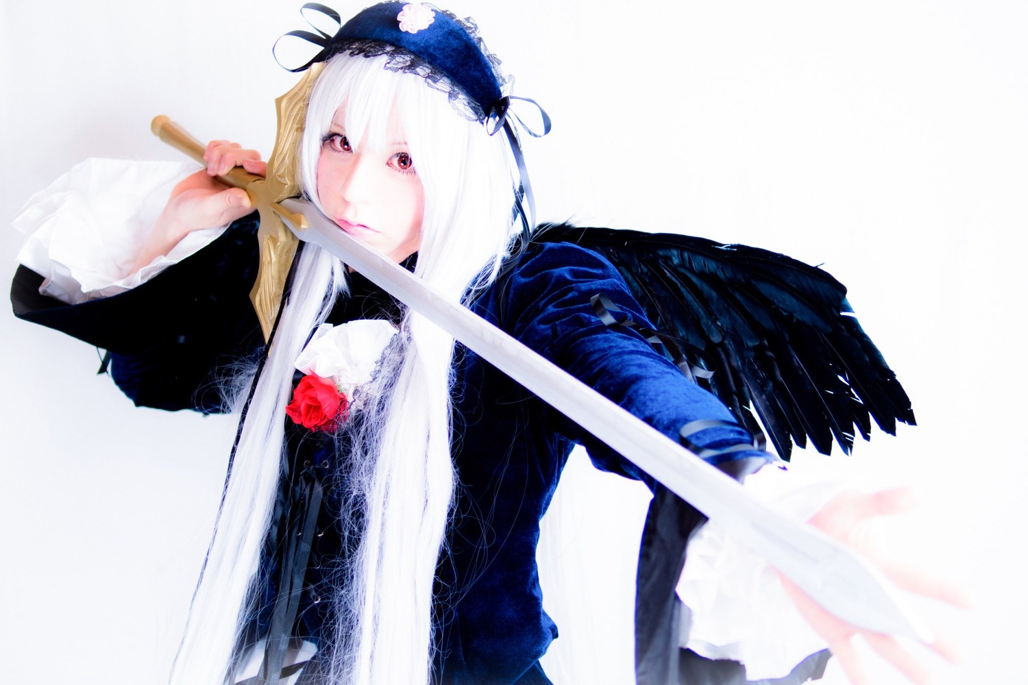 1girl flower frills hairband holding holding_sword holding_weapon long_sleeves looking_at_viewer red_eyes red_flower red_rose rose solo suigintou sword upper_body weapon white_hair