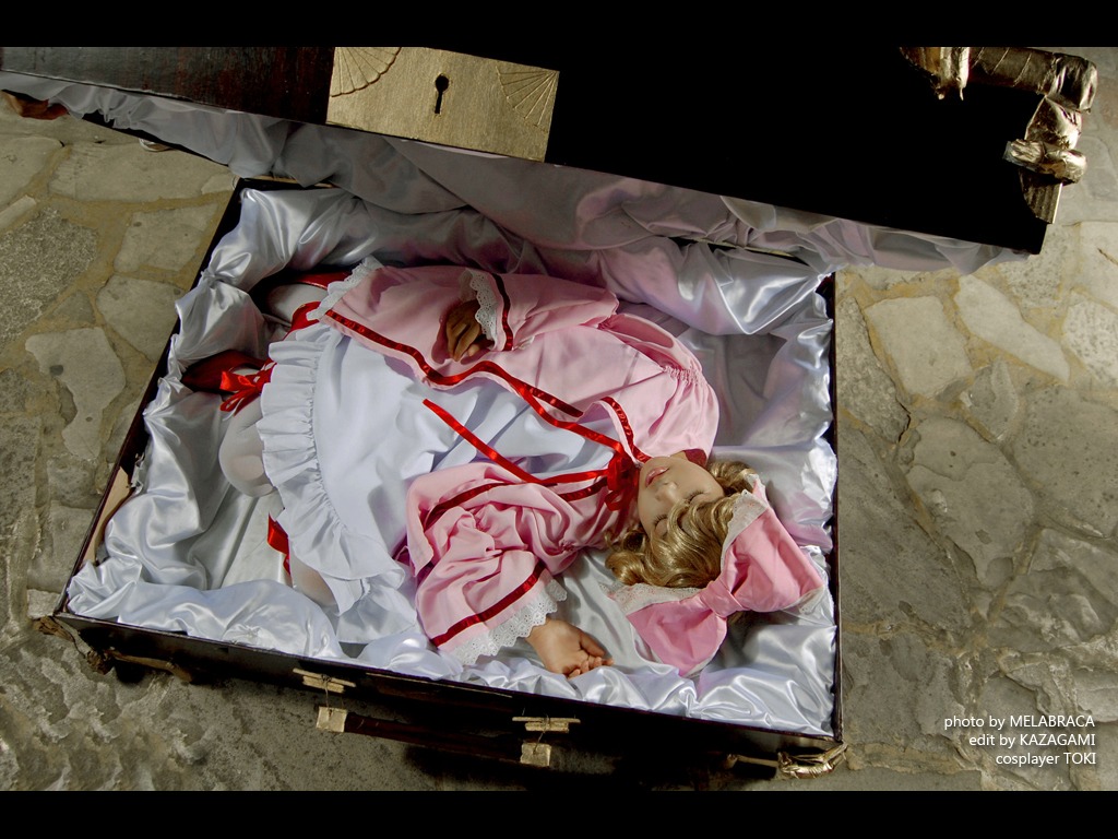 1girl blonde_hair blood bloody_clothes bow closed_eyes death dress frills hair_bow hat hinaichigo injury letterboxed lying pink_bow pink_dress solo white_dress
