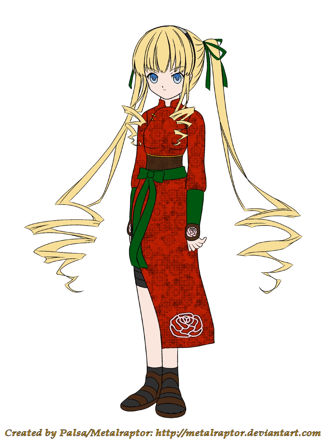 1girl auto_tagged bangs blonde_hair blue_eyes character_name copyright_name dress full_body hair_ribbon image long_hair long_sleeves looking_at_viewer ribbon sawamura_spencer_eriri shinku sidelocks simple_background solo standing twintails watermark white_background