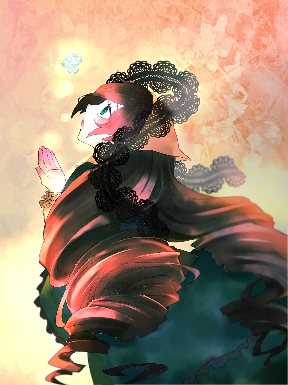 1girl black_hair bow bug butterfly dress drill_hair frills green_eyes image insect lolita_fashion long_hair multicolored_hair pink_hair ribbon ringlets solo suiseiseki twin_drills very_long_hair