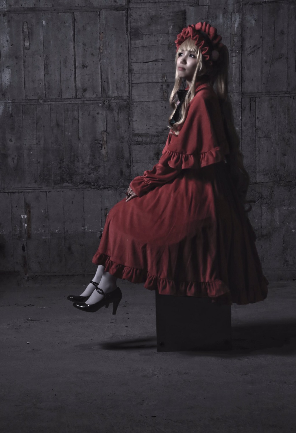 1girl black_footwear dress full_body high_heels indoors long_dress long_hair long_sleeves red_dress shinku shoes sitting solo