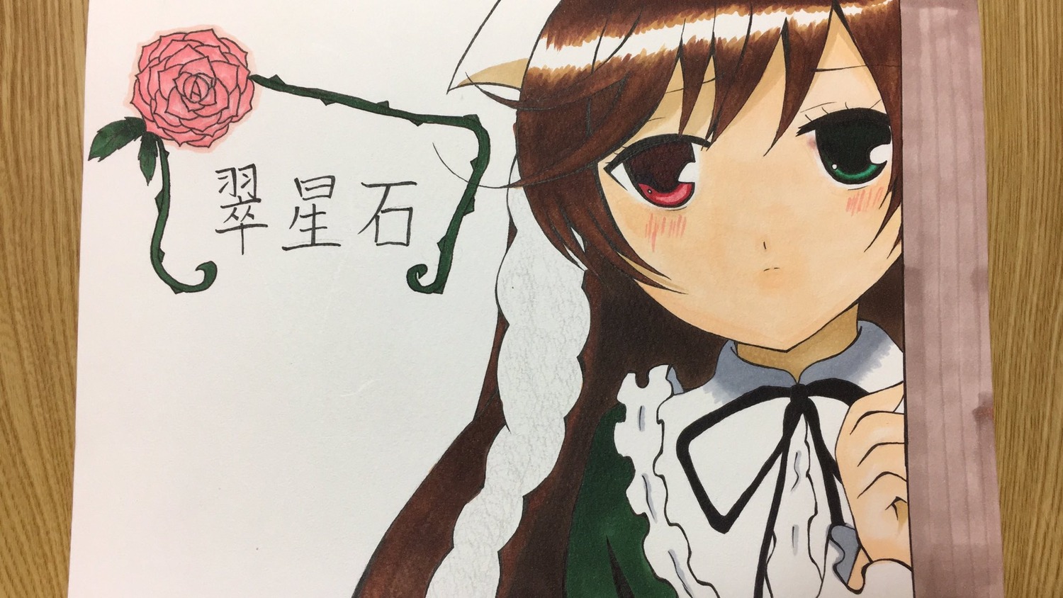 1girl black_ribbon blush braid brown_hair dress flower frills hat heterochromia image long_hair long_sleeves pink_flower plant red_eyes red_flower red_rose ribbon rose solo suiseiseki vines