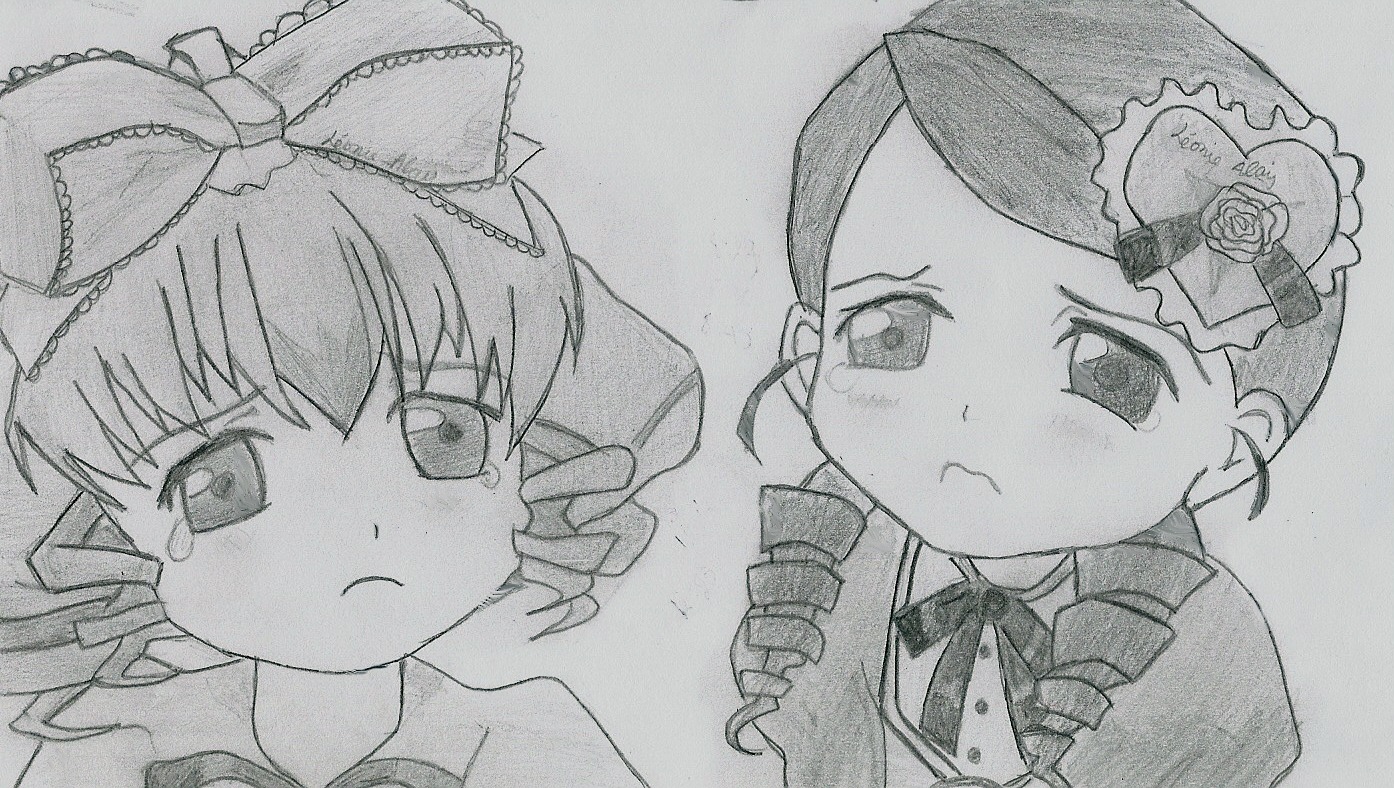 1girl bow drill_hair eyebrows_visible_through_hair frown greyscale hair_bow hinaichigo image kanaria monochrome pair tears traditional_media