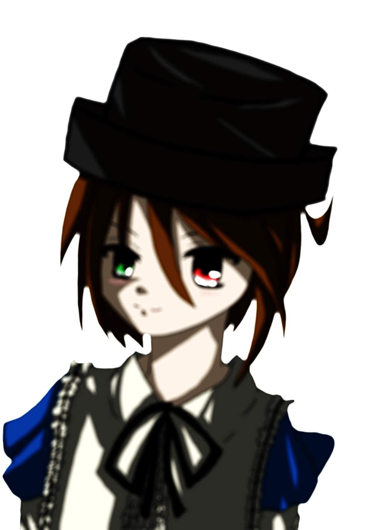 1girl black_headwear brown_hair closed_mouth green_eyes hat heterochromia image long_sleeves looking_at_viewer red_eyes ribbon short_hair simple_background smile solo souseiseki striped upper_body white_background