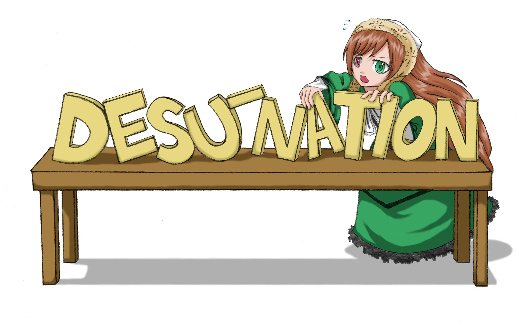 1girl brown_hair chair dress flying_sweatdrops green_dress green_eyes heterochromia image in_container long_hair long_sleeves open_mouth red_eyes simple_background sitting solo suiseiseki very_long_hair white_background