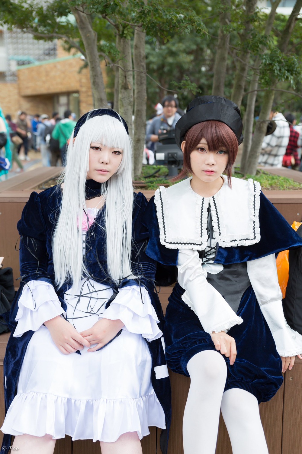 blurry blurry_background brown_hair depth_of_field dress hat long_hair multiple_cosplay multiple_girls pantyhose photo photo_background sitting tagme white_hair white_legwear