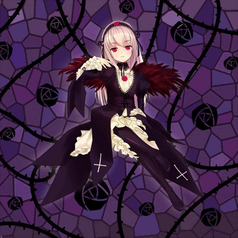 1girl argyle_background chain-link_fence cross dress fence flower frills hairband hexagon honeycomb_(pattern) honeycomb_background image long_hair long_sleeves pantyhose red_eyes rose silk sitting solo spider_web stained_glass suigintou tile_floor tiles vines wings