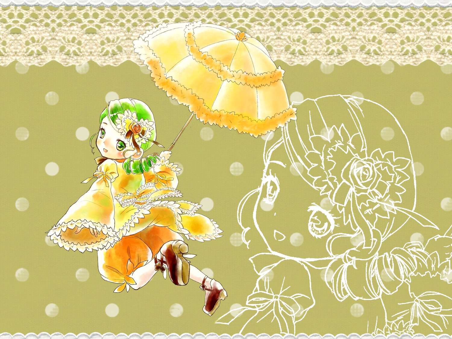 1girl dress flower full_body green_eyes green_hair hair_ornament holding_umbrella image kanaria parasol polka_dot polka_dot_background short_hair solo umbrella