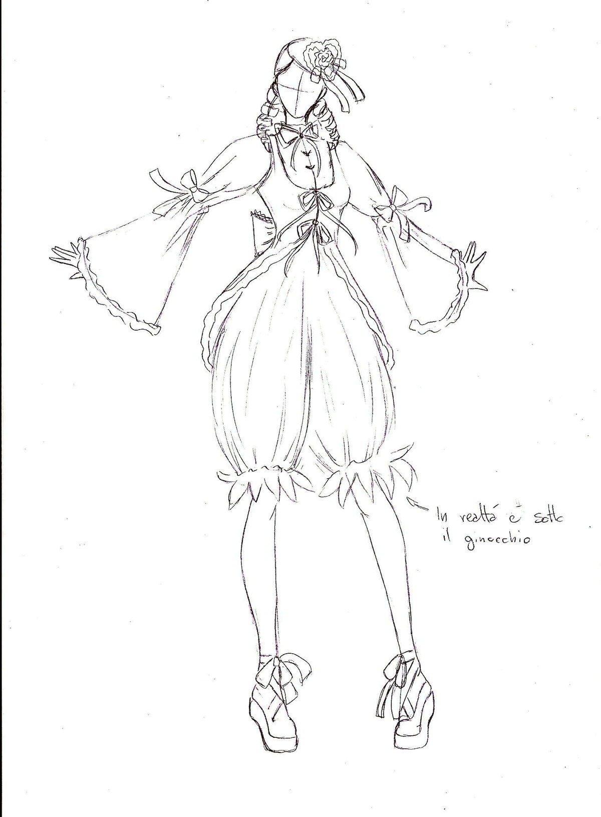 1girl bloomers braid dress full_body greyscale hair_ornament high_heels image kanaria long_sleeves monochrome ribbon shoes solo striped