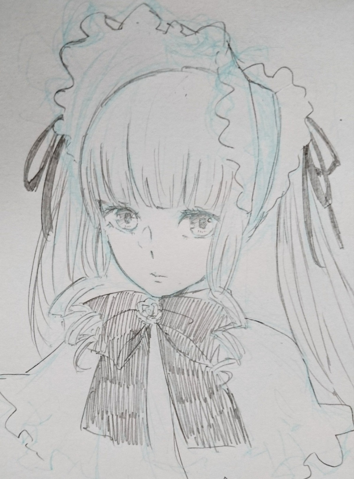 1girl bangs blunt_bangs closed_mouth eyebrows_visible_through_hair frilled_hairband hair_ribbon image long_hair looking_at_viewer maid_headdress monochrome ribbon shinku simple_background solo traditional_media twintails upper_body