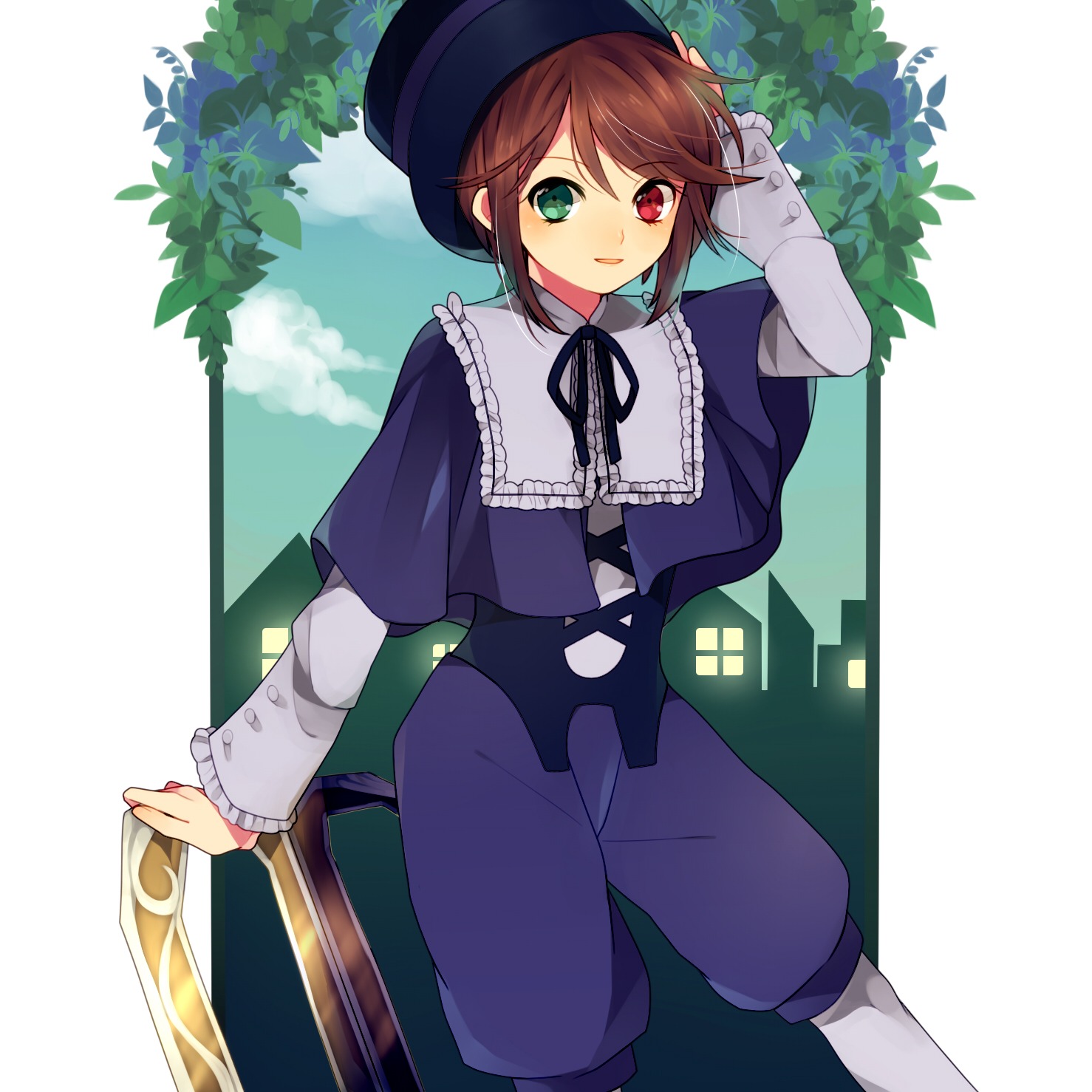 1girl brown_hair capelet green_eyes hat heterochromia image long_sleeves looking_at_viewer open_mouth pants red_eyes short_hair smile solo souseiseki