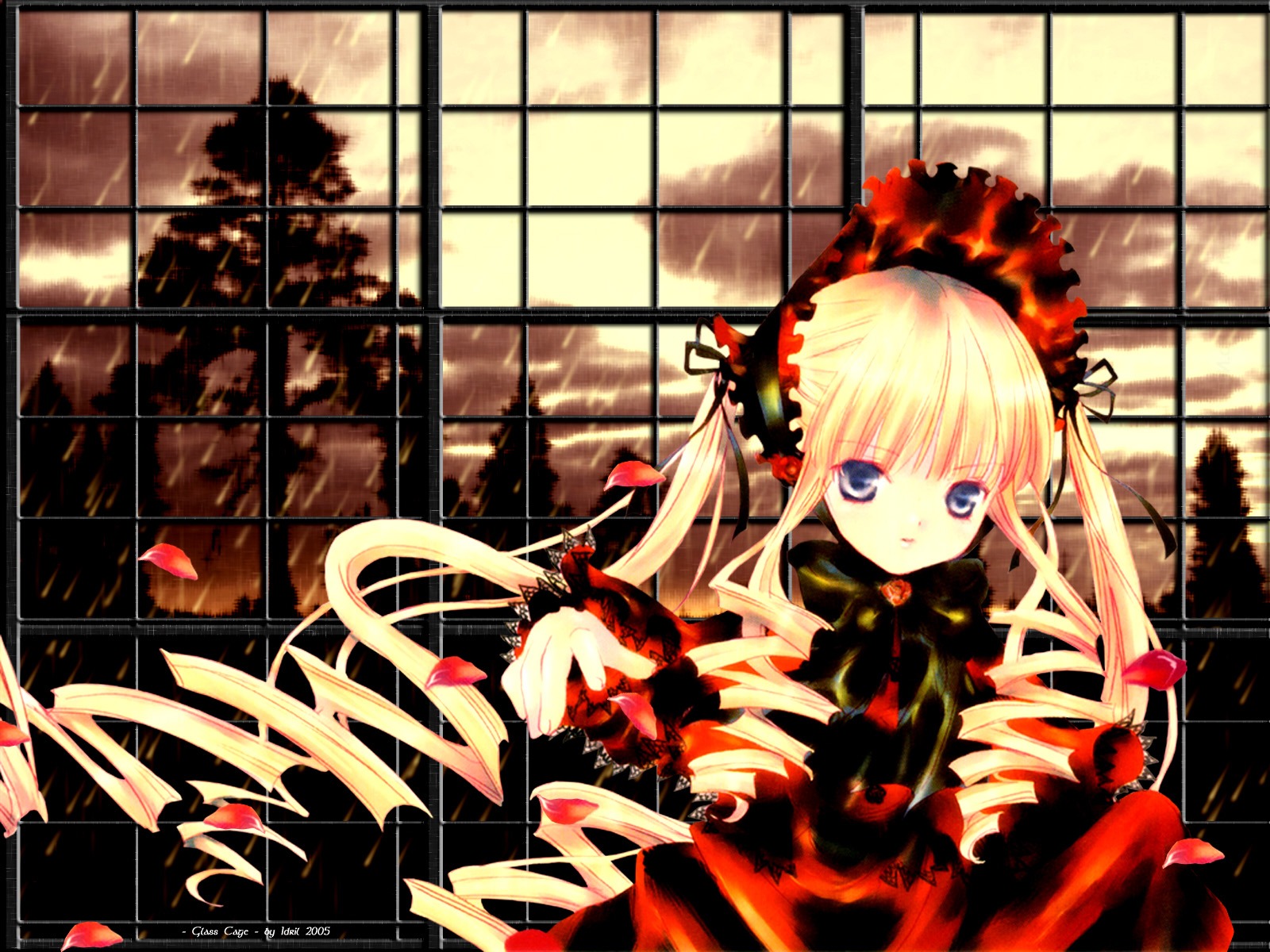 1girl blonde_hair blue_eyes dress flower image indoors lolita_fashion long_hair long_sleeves looking_at_viewer petals red_dress rose rose_petals shinku solo twintails window