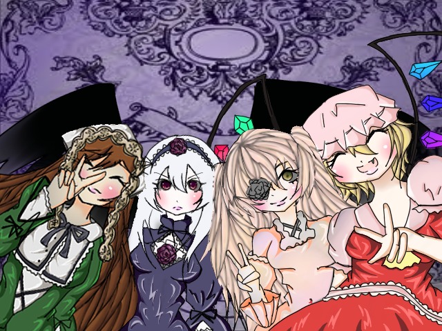 4girls ^_^ blonde_hair blush brown_hair closed_eyes dress eyepatch flower frills image long_hair long_sleeves multiple multiple_girls red_eyes silver_hair sisters smile suigintou suiseiseki tagme wings