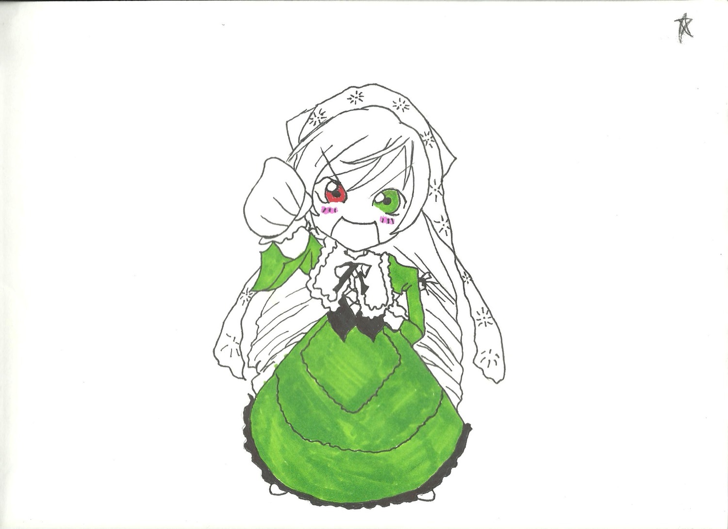 1girl :d dress green_dress green_eyes hat heterochromia image long_hair long_sleeves looking_at_viewer open_mouth red_eyes simple_background smile solo suiseiseki white_background