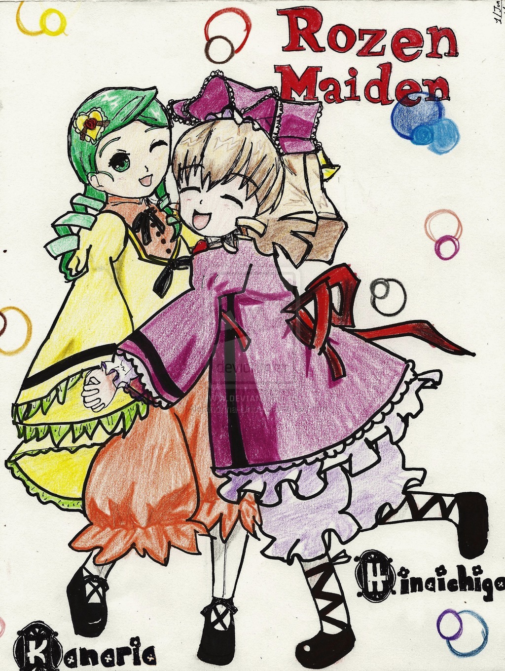 2girls auto_tagged black_footwear blonde_hair bloomers bow character_name closed_eyes dated dress drill_hair green_eyes green_hair heart_hair_ornament hina_ichigo hinaichigo holding_hands image kanaria long_hair long_sleeves multiple_girls one_eye_closed open_mouth pair smile traditional_media twin_drills wide_sleeves