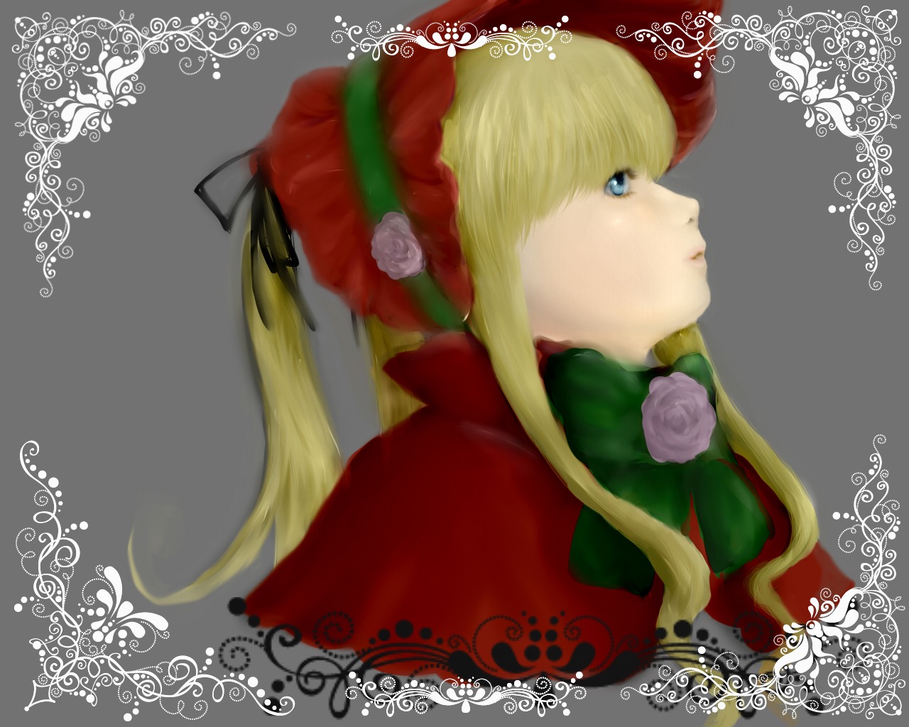 1girl blonde_hair blue_eyes bonnet bow expressionless flower green_bow green_neckwear image long_hair portrait rose shinku simple_background solo upper_body