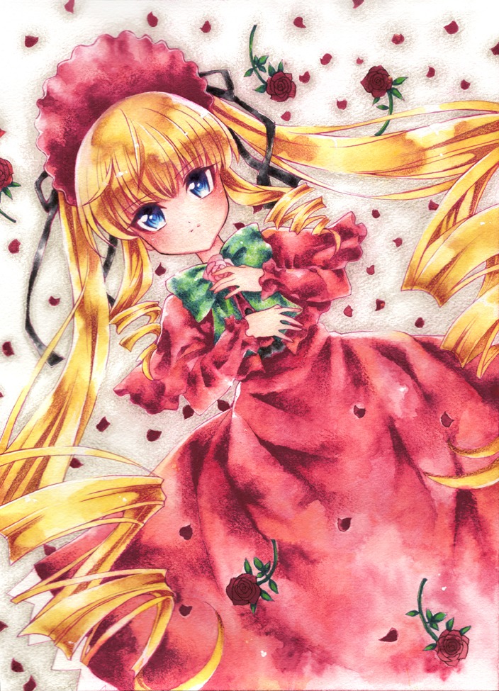 1girl auto_tagged bad_id bad_pixiv_id black_ribbon blonde_hair blue_eyes blush bonnet dress drill_hair flower green_bow hair_ribbon image long_hair long_sleeves looking_at_viewer lying on_back painting_(medium) petals pink_rose red_capelet red_dress red_flower red_rose ribbon rie_(minori) rose rose_petals rozen_maiden shinku solo thorns traditional_media twin_drills twintails watercolor_(medium) watercolor_pencil_(medium)