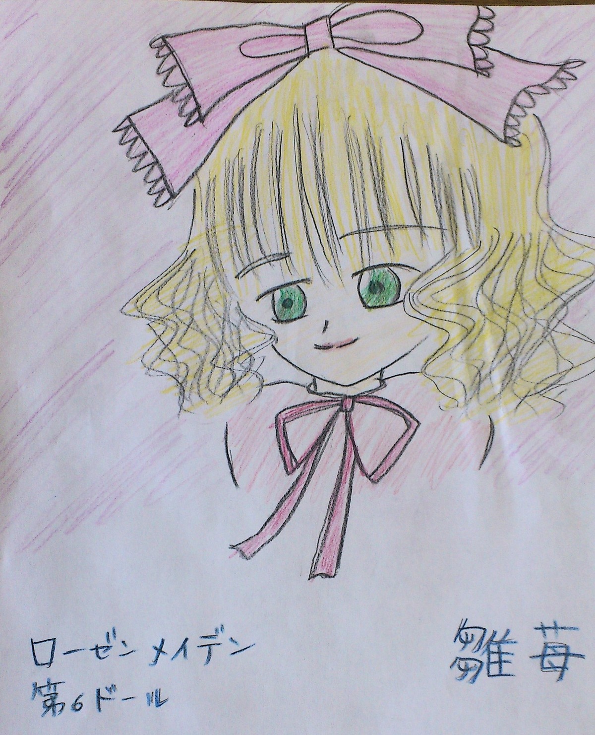 1girl bangs blonde_hair bow closed_mouth eyebrows_visible_through_hair green_eyes hina_ichigo hinaichigo image looking_at_viewer pink_bow pink_neckwear ribbon short_hair simple_background smile solo traditional_media