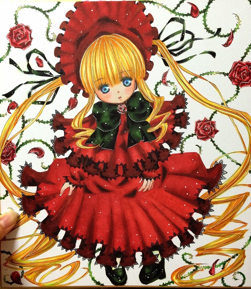 1girl blonde_hair blue_eyes blush bonnet bow bowtie capelet dress drill_hair flower green_bow image long_hair long_sleeves looking_at_viewer marker_(medium) pink_rose red_capelet red_dress red_flower red_rose rose shinku sidelocks solo thorns twin_drills twintails very_long_hair vines