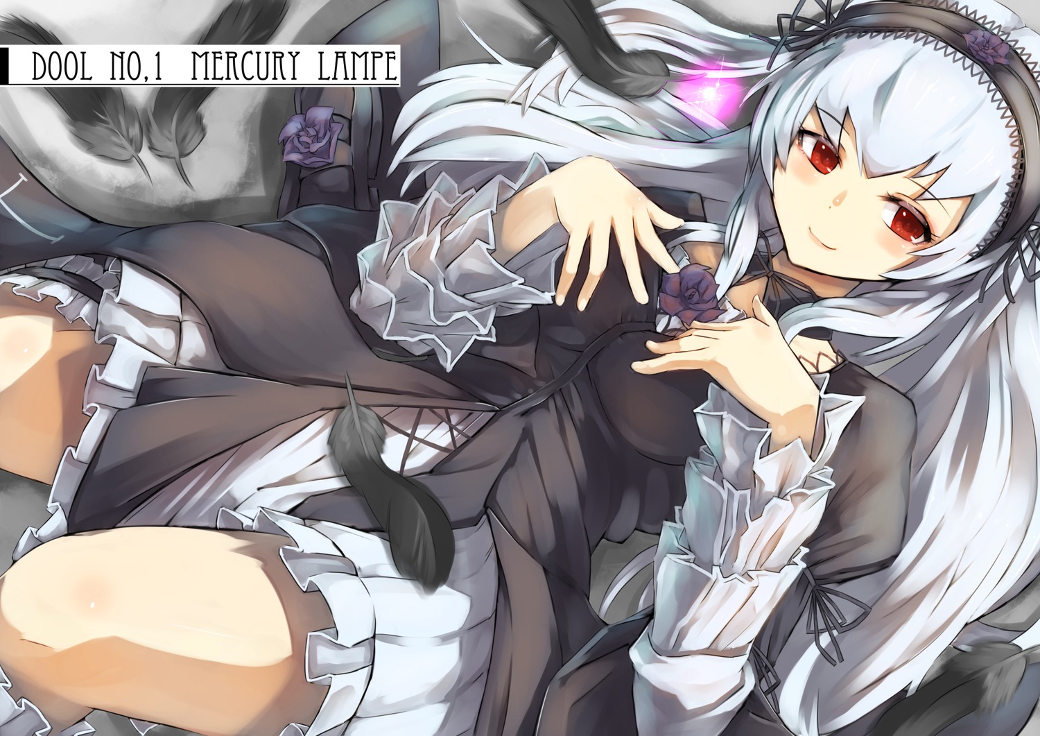 1girl auto_tagged black_feathers blush commentary_request dress english_text engrish_text eyebrows_visible_through_hair feathers flower frills gedou_(shigure_seishin) gothic_lolita hairband highres image lolita_fashion lolita_hairband long_hair long_sleeves looking_at_viewer lying on_back ranguage red_eyes rose rozen_maiden silver_hair smile solo suigintou wings