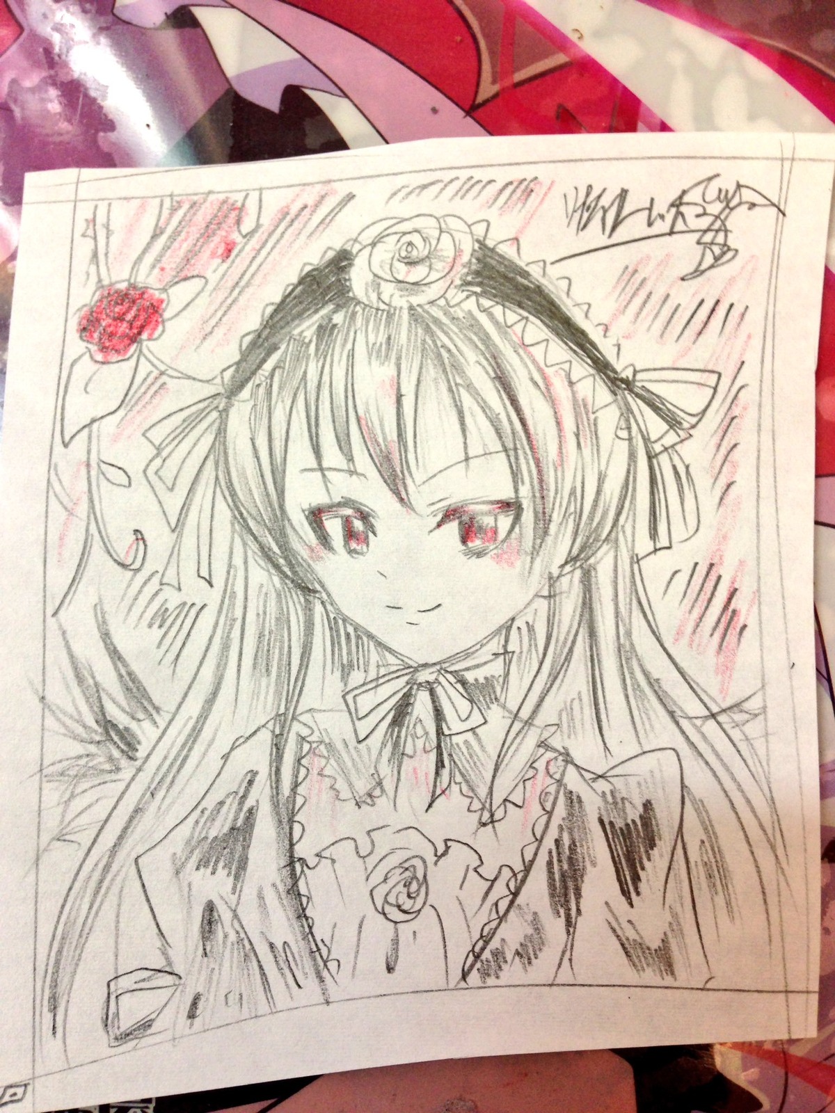 1girl dress flower frills hairband image long_hair looking_at_viewer photo ribbon rose shikishi smile solo suigintou traditional_media