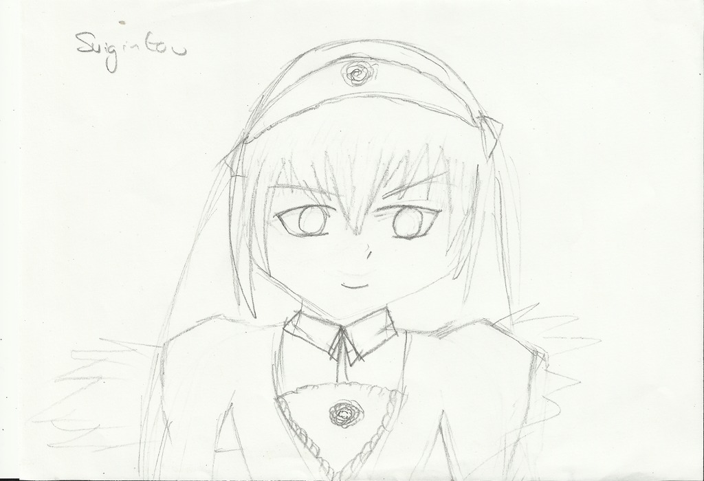 1girl blush closed_mouth image long_sleeves looking_at_viewer monochrome simple_background smile solo suigintou upper_body white_background