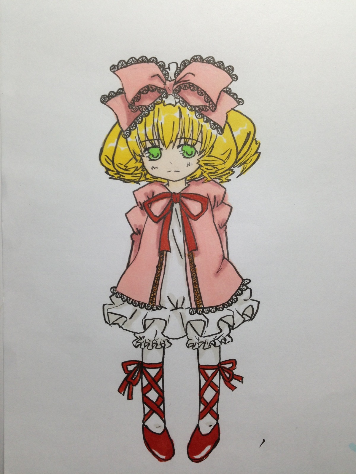 1girl blonde_hair bloomers bow dress frills full_body green_eyes hair_bow hina_ichigo hinaichigo image long_sleeves looking_at_viewer pink_bow ribbon shoes short_hair solo standing white_legwear