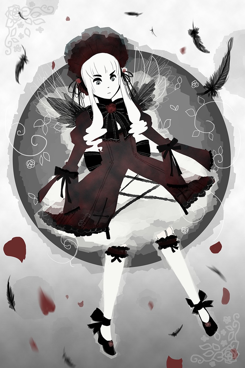 1girl bird black_feathers black_wings bonnet costume_switch dress feathers flower image long_hair long_sleeves petals ribbon rose rose_petals shinku silver_hair solo suigintou wings