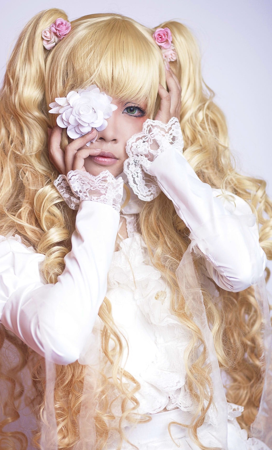 1girl blonde_hair dress eyelashes flower hair_flower hair_ornament kirakishou lace lips lolita_fashion long_hair realistic rose solo twintails