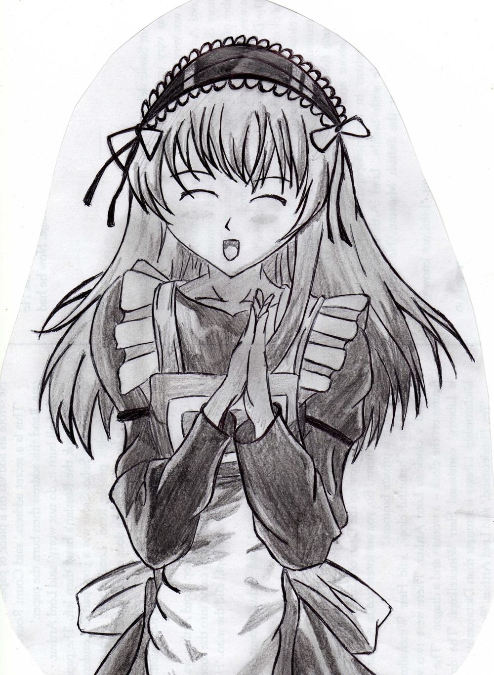 1girl apron blush closed_eyes dress frills greyscale hairband image long_hair long_sleeves monochrome open_mouth own_hands_together solo suigintou