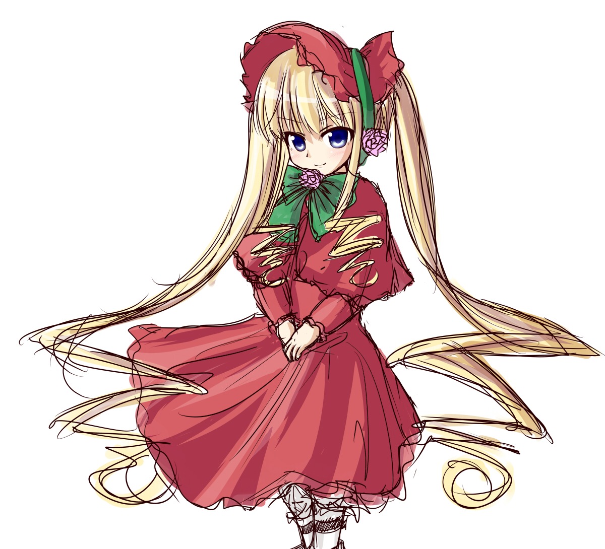1girl blonde_hair blue_eyes bonnet bow bowtie capelet dress green_bow green_neckwear image long_hair long_sleeves looking_at_viewer red_dress shinku sidelocks simple_background solo standing twintails very_long_hair white_background