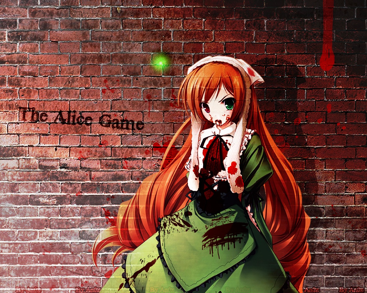1girl blood blood_on_face blood_splatter blood_stain bloody_clothes bloody_hands brick_wall dress green_dress green_eyes hairband head_scarf heterochromia image long_hair orange_hair red_eyes solo suiseiseki very_long_hair yandere