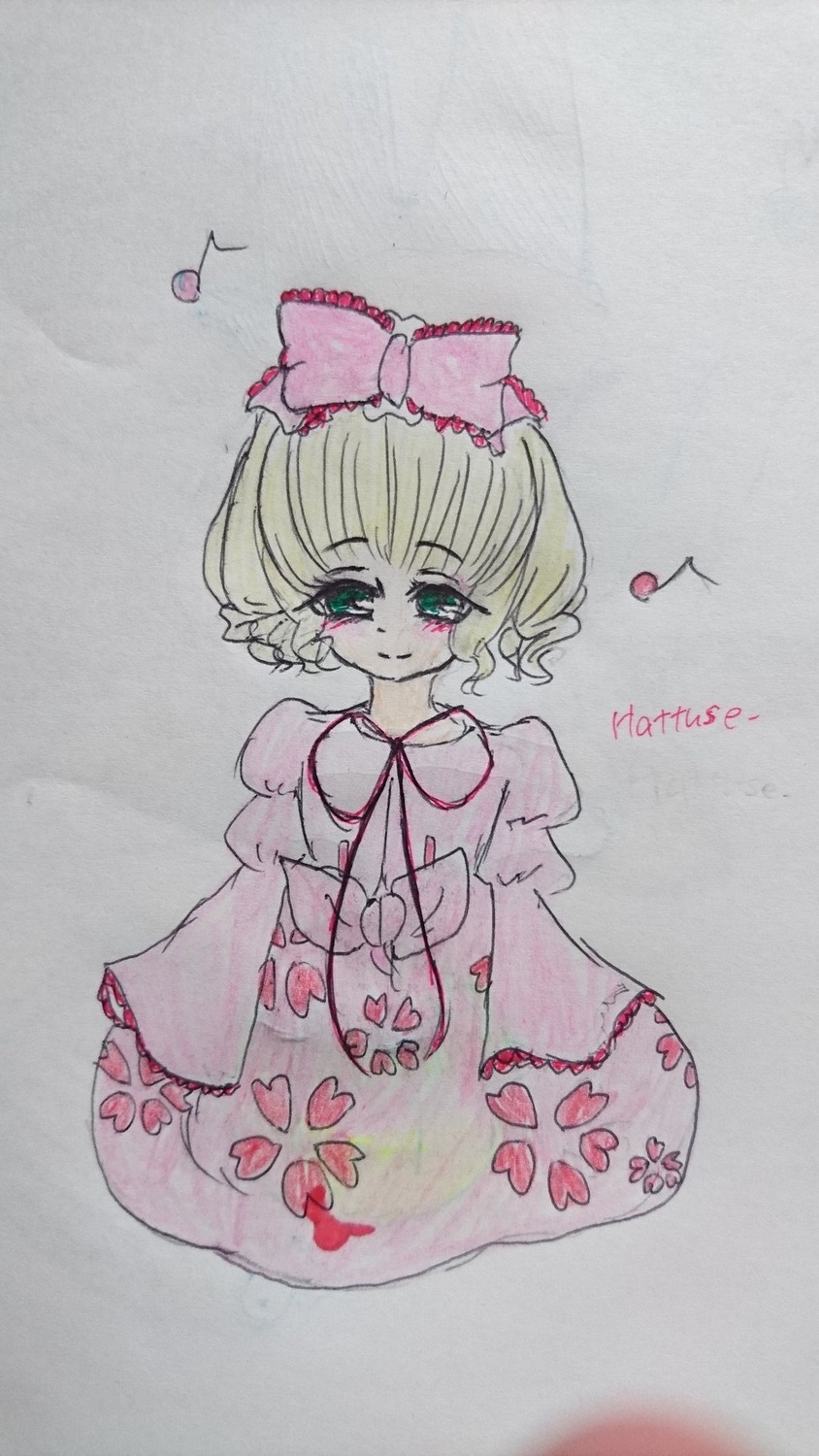 1girl beamed_eighth_notes blonde_hair bow dress eighth_note green_eyes hair_bow hina_ichigo hinaichigo image juliet_sleeves long_sleeves musical_note pink_bow puffy_sleeves quarter_note short_hair smile solo spoken_musical_note traditional_media