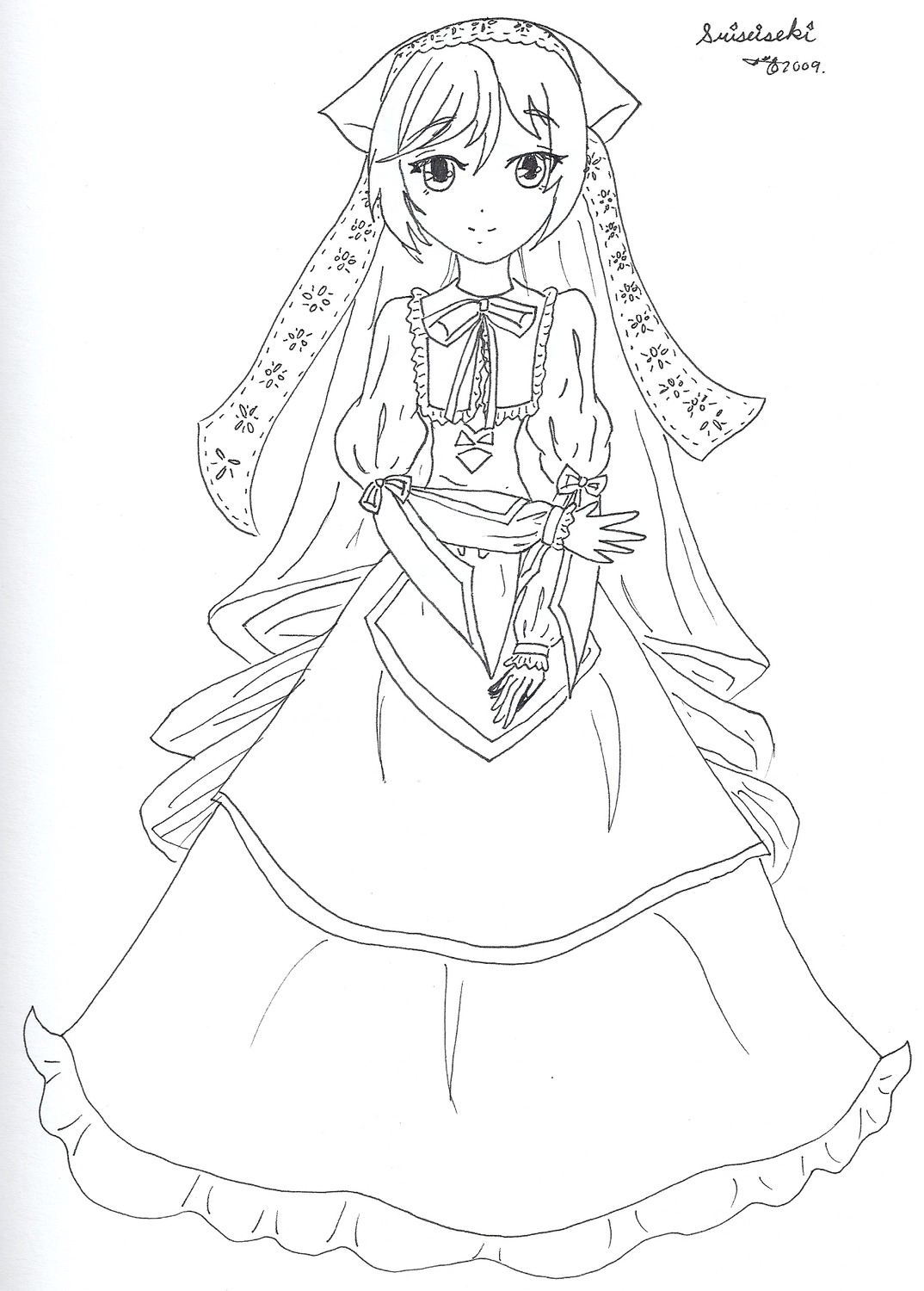 1girl apron bangs blush closed_mouth dated dress eyebrows_visible_through_hair frills greyscale hair_between_eyes hair_ornament image long_hair long_sleeves looking_at_viewer monochrome neck_ribbon puffy_short_sleeves puffy_sleeves ribbon short_sleeves signature smile solo suiseiseki very_long_hair waist_apron